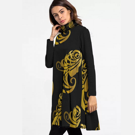 All-Over Print Women's High Neck Dress With Long Sleeve