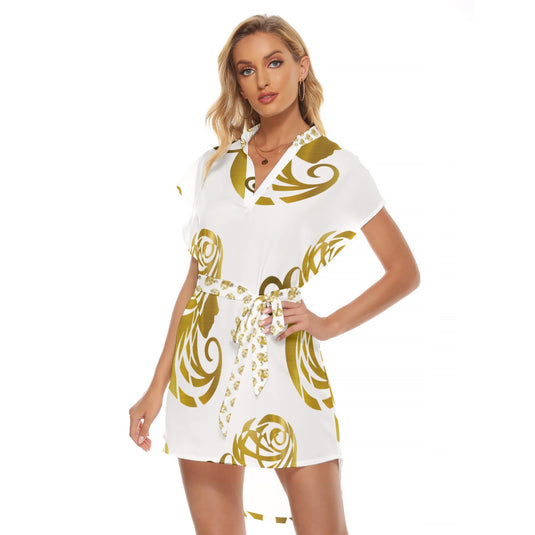 All-Over Print Women's Stand-up Collar Casual Dress With Belt