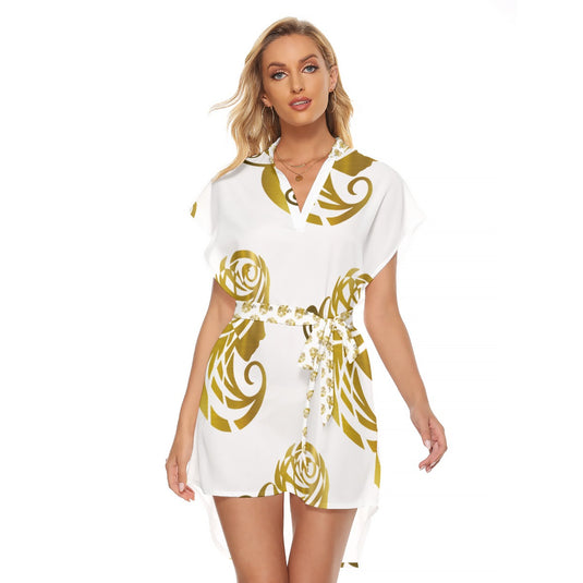 All-Over Print Women's Stand-up Collar Casual Dress With Belt