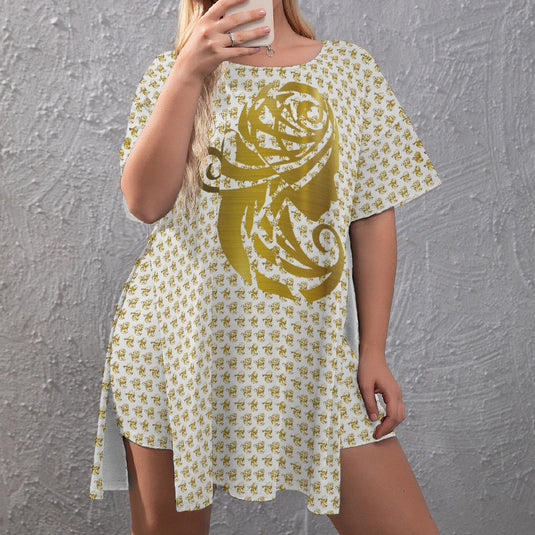 All-Over Print Women's Drop-Shoulder T-Shirt with Side Split and Shorts (Plus Size)