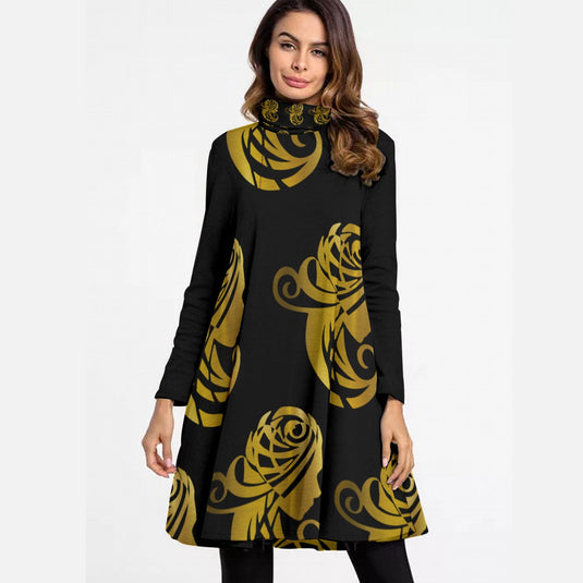 All-Over Print Women's High Neck Dress With Long Sleeve