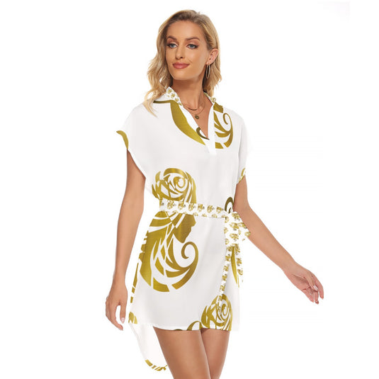 All-Over Print Women's Stand-up Collar Casual Dress With Belt