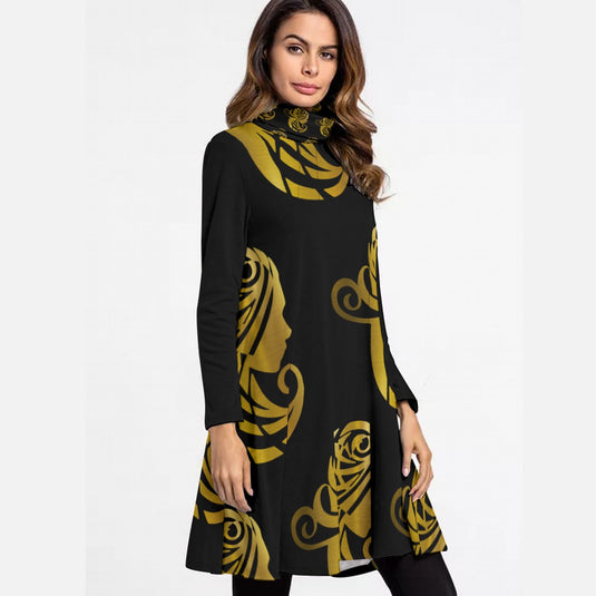All-Over Print Women's High Neck Dress With Long Sleeve