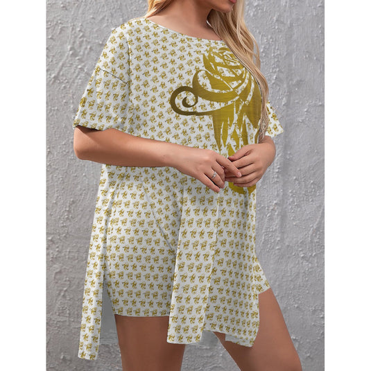 All-Over Print Women's Drop-Shoulder T-Shirt with Side Split and Shorts (Plus Size)