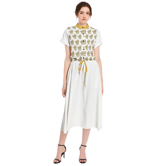 Drawstring Waist A-line Flared Midi Dress