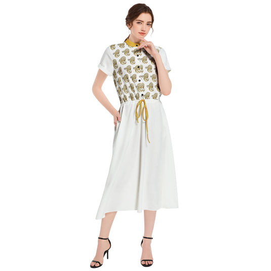 Drawstring Waist A-line Flared Midi Dress