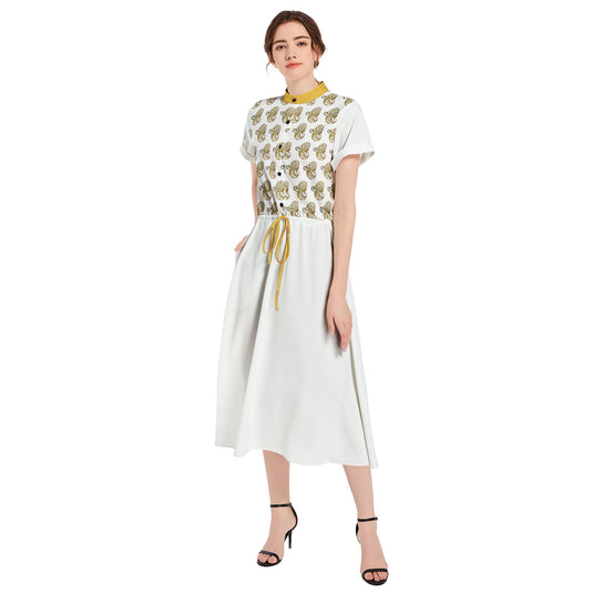 Drawstring Waist A-line Flared Midi Dress