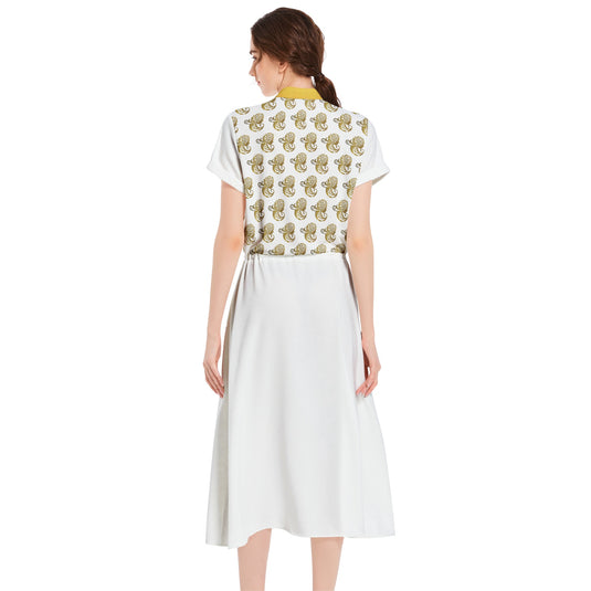 Drawstring Waist A-line Flared Midi Dress