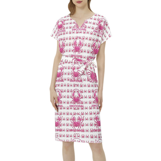 Betwing Seleeve Notch Neck Casual Dress with Belt