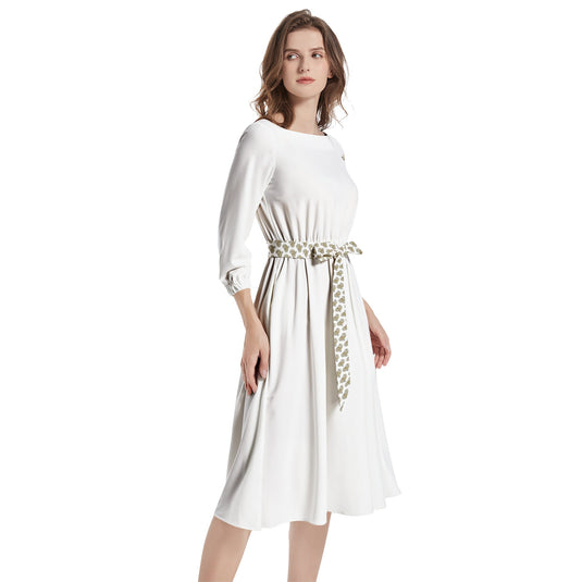 Boat Neck Belted Flared Dress