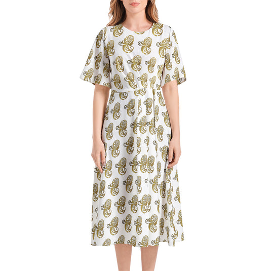 Short Sleeve Waist Folding Midi Dress