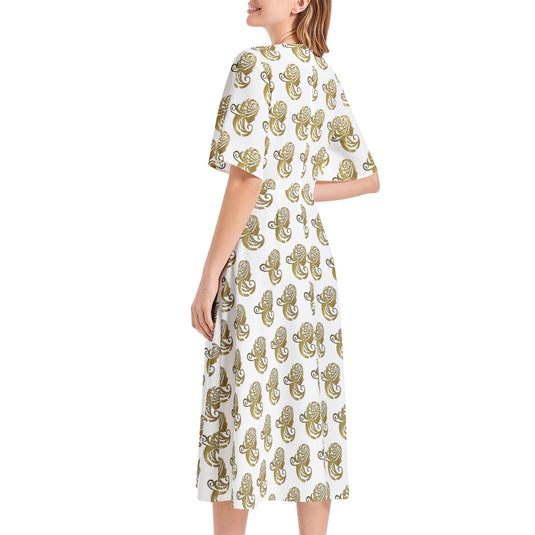 Short Sleeve Waist Folding Midi Dress