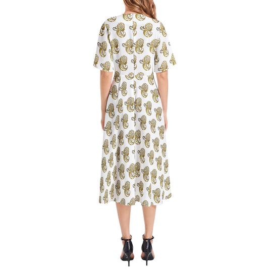 Short Sleeve Waist Folding Midi Dress