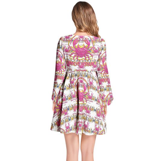 Lantern Sleeve Deep V-Neck Short Dress