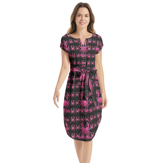 Notched Neck Belted Dress