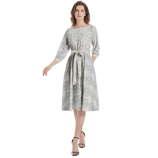Boat Neck Belted Flared Dress