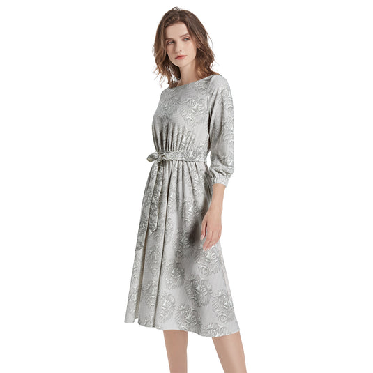 Boat Neck Belted Flared Dress