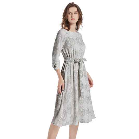 Boat Neck Belted Flared Dress