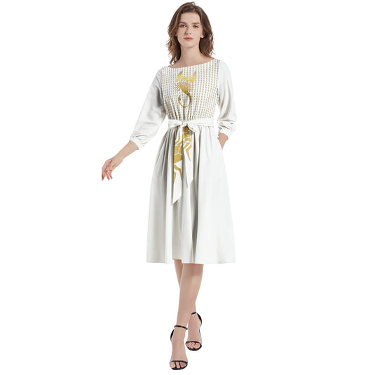 Boat Neck Belted Flared Dress