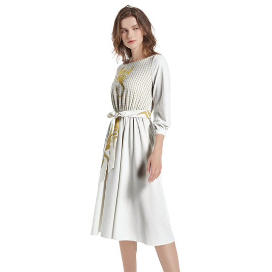 Boat Neck Belted Flared Dress