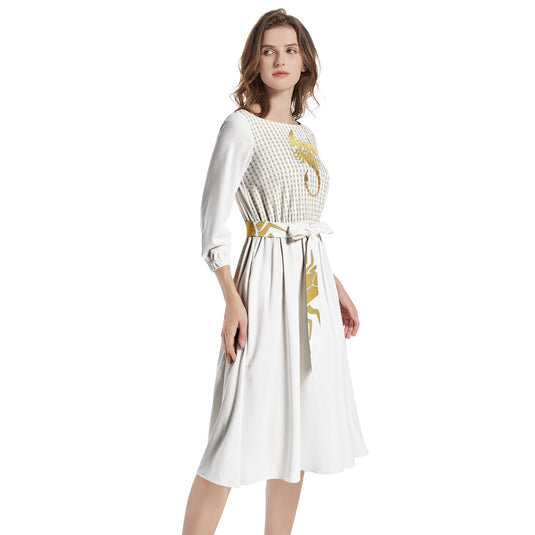 Boat Neck Belted Flared Dress